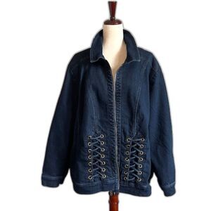 Catherines Womens Plus Size Zip Jean Jacket Dark Wash With Laced Accents Size 3X